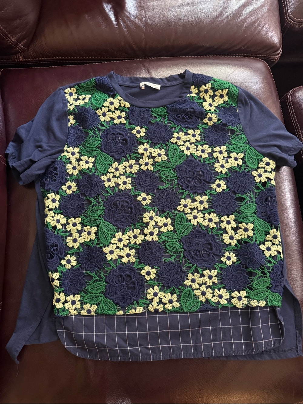 Zara floral crochet front w/plaid adorable knit top